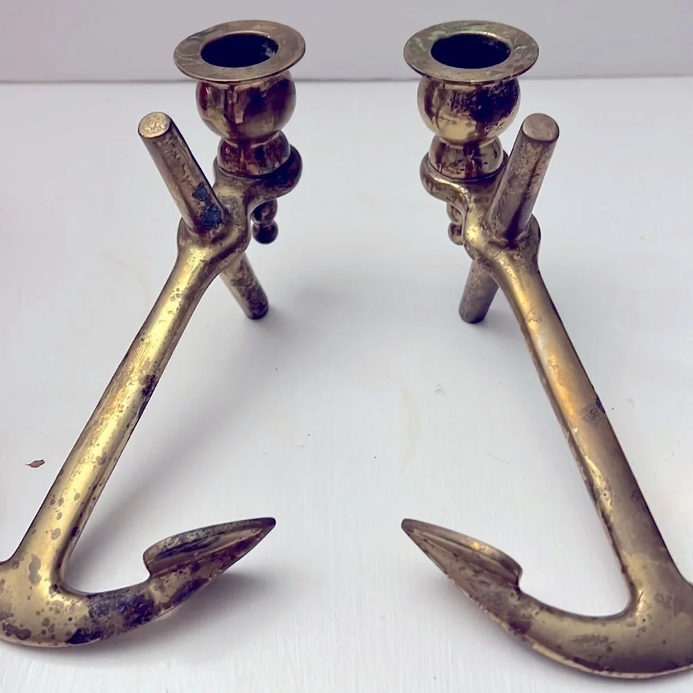 Pair of heavy Vintage Brass Candlesticks of Anchors